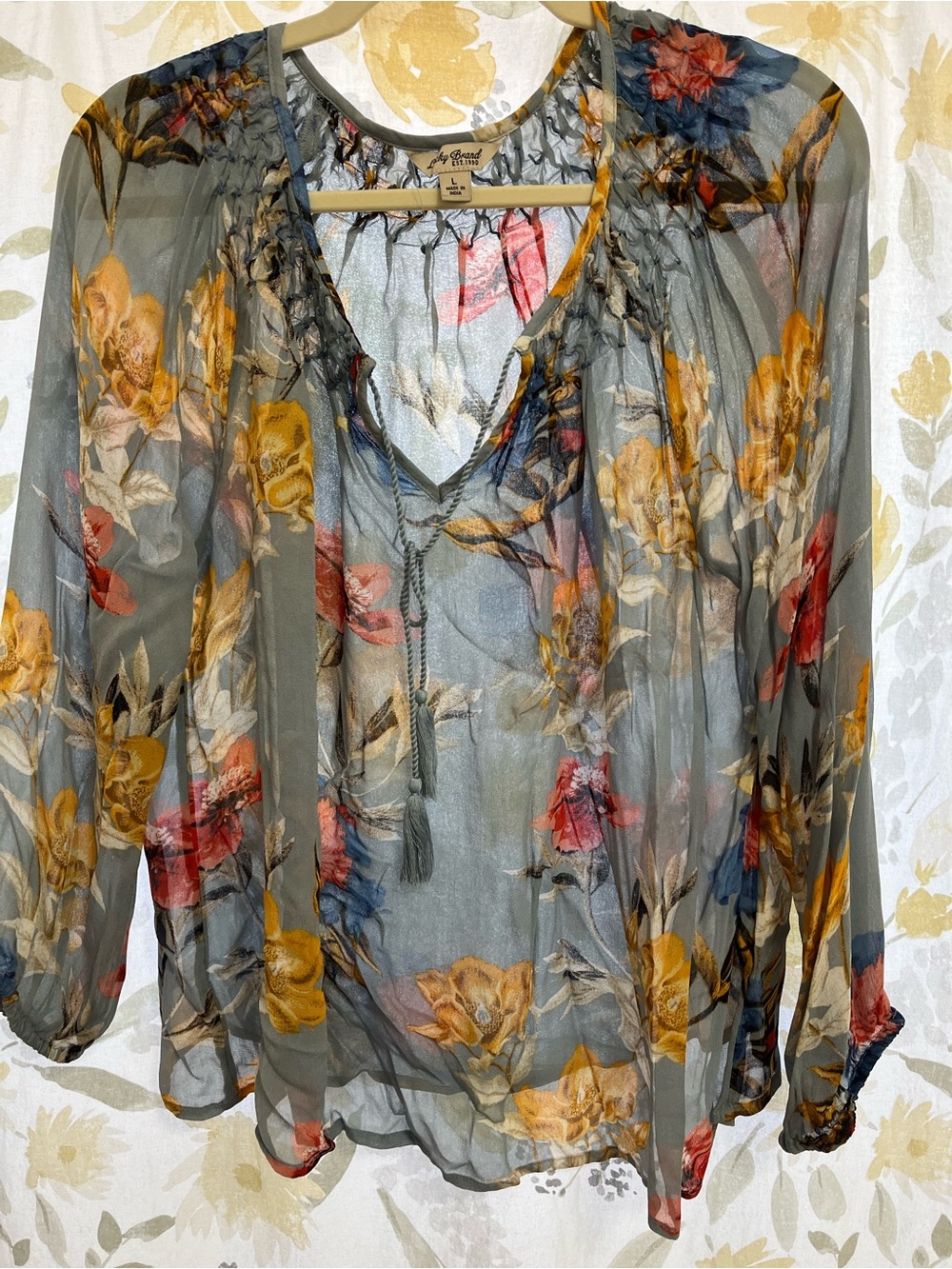 Lucky Brand Sheer Floral Peasant Blouse — Gray with Yellow, Red & Blue Flowers